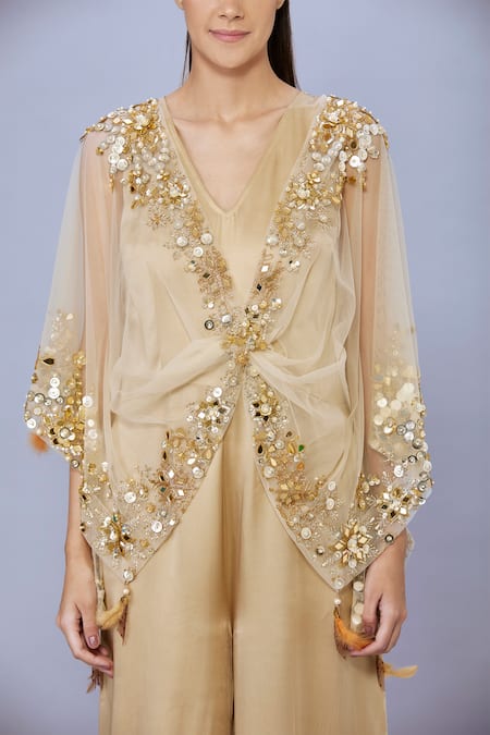 Dilnaz Gold Net Hand Embroidered Sequin Kaftan Plung V Snowflake With Jumpsuit Online at Aza Fashions Dilnaz_Gold Net Hand Embroidered Sequin Kaftan Plung V Snowflake With Jumpsuit_Online_at_Aza_Fashions