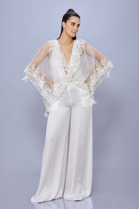 DILNAZ Ivory Net Hand Embroidered Sequin Kaftan And Jumpsuit Plung V Snowflake With 