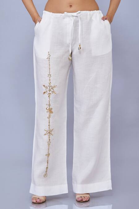 Dilnaz_White Cotton Linen Blend Hand Embroidered Snowflake Straight Trouser_Online_at_Aza_Fashions