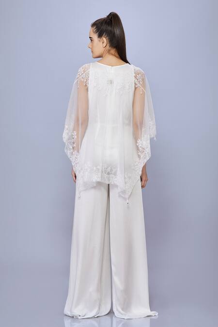 Shop Dilnaz Ivory Net Hand Embroidered Snowflake Kaftan And Jumpsuit Plung V Thread With at Aza Fashions Shop_Dilnaz_Ivory Net Hand Embroidered Snowflake Kaftan And Jumpsuit Plung V Thread With_at_Aza_Fashions