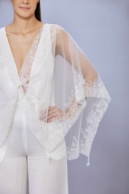 Dilnaz Ivory Net Hand Embroidered Snowflake Kaftan And Jumpsuit Plung V Thread With Online at Aza Fashions Dilnaz_Ivory Net Hand Embroidered Snowflake Kaftan And Jumpsuit Plung V Thread With_Online_at_Aza_Fashions