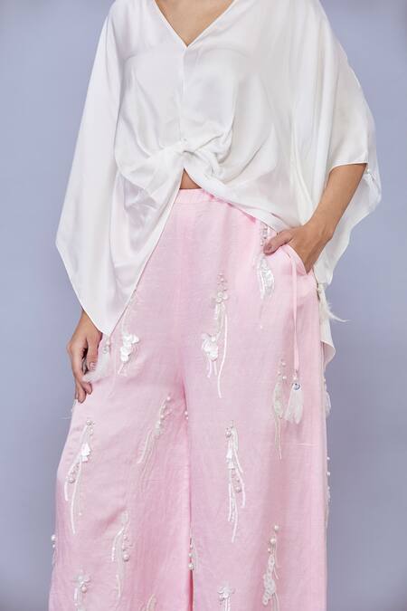 Dilnaz_Pink Blended Satin Linen Hand Embroidered Pearl Straight Trouser_Online_at_Aza_Fashions