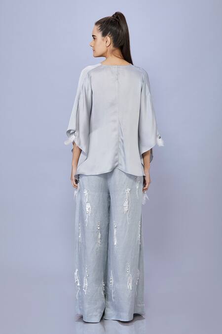 Shop_Dilnaz_Grey Blended Satin Linen Hand Embroidered Pearl Sequin Trouser _at_Aza_Fashions