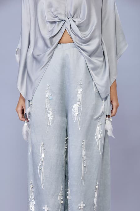 Dilnaz_Grey Blended Satin Linen Hand Embroidered Pearl Sequin Trouser _Online_at_Aza_Fashions