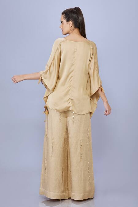 Shop_Dilnaz_Gold Blended Satin Linen Hand Embroidered Snowflake Trouser _at_Aza_Fashions