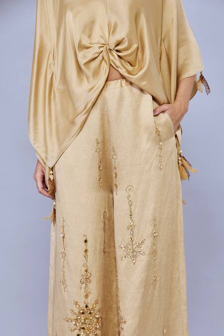 Dilnaz_Gold Blended Satin Linen Hand Embroidered Snowflake Trouser _Online_at_Aza_Fashions