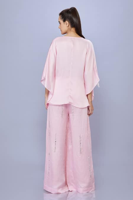 Shop Dilnaz Pink Blended Satin Linen Hand Embroidered Snowflake Straight Trouser at Aza Fashions Shop_Dilnaz_Pink Blended Satin Linen Hand Embroidered Snowflake Straight Trouser_at_Aza_Fashions