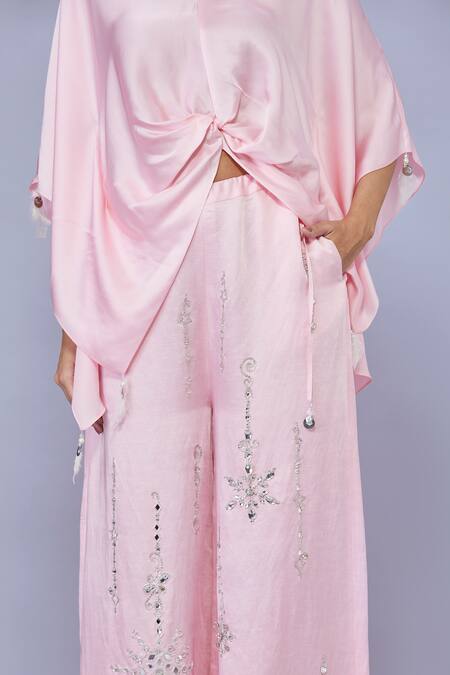 Dilnaz Pink Blended Satin Linen Hand Embroidered Snowflake Straight Trouser Online at Aza Fashions Dilnaz_Pink Blended Satin Linen Hand Embroidered Snowflake Straight Trouser_Online_at_Aza_Fashions