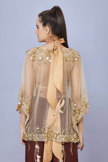Shop Dilnaz Gold Net Hand Embroidered Sequins Deep V Neck Mirror Kaftan at Aza Fashions Shop_Dilnaz_Gold Net Hand Embroidered Sequins Deep V Neck Mirror Kaftan_at_Aza_Fashions