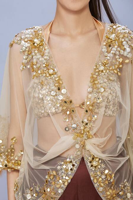 Dilnaz Gold Net Hand Embroidered Sequins Deep V Neck Mirror Kaftan Online at Aza Fashions Dilnaz_Gold Net Hand Embroidered Sequins Deep V Neck Mirror Kaftan_Online_at_Aza_Fashions