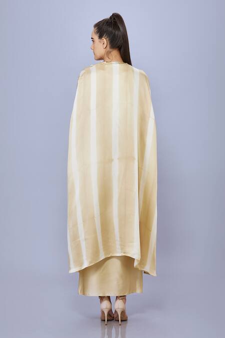 Shop_Dilnaz_Beige Blended Satin Hand Embroidered Pearls Open Neck Cape _at_Aza_Fashions