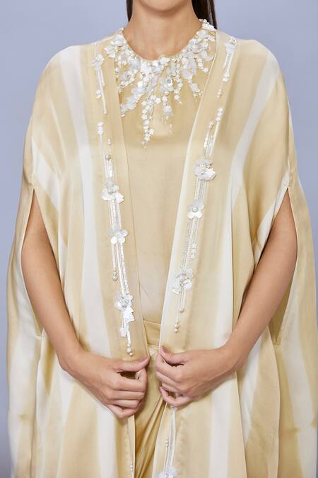 Dilnaz_Beige Blended Satin Hand Embroidered Pearls Open Neck Cape _Online_at_Aza_Fashions