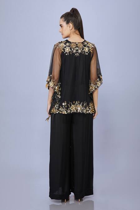 Shop Dilnaz Black Kaftan Net Hand Embroidered Sequins Deep V Neck With Jumpsuit at Aza Fashions Shop_Dilnaz_Black Kaftan Net Hand Embroidered Sequins Deep V Neck With Jumpsuit_at_Aza_Fashions