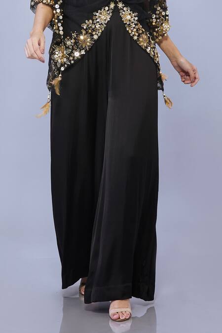 Dilnaz Black Kaftan Net Hand Embroidered Sequins Deep V Neck With Jumpsuit Online at Aza Fashions Dilnaz_Black Kaftan Net Hand Embroidered Sequins Deep V Neck With Jumpsuit_Online_at_Aza_Fashions
