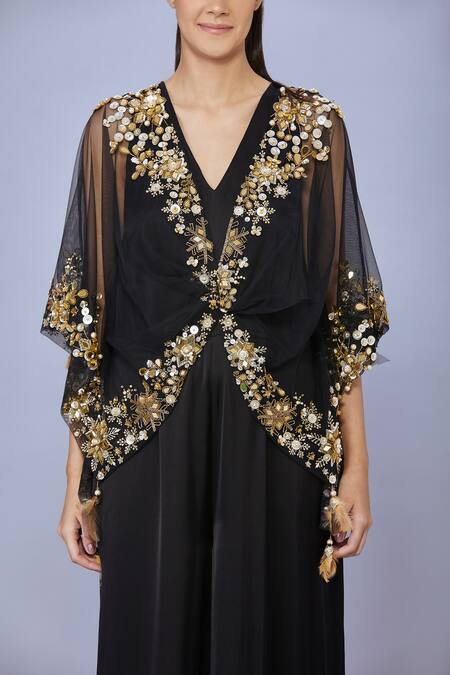 Buy Dilnaz Black Kaftan Net Hand Embroidered Sequins Deep V Neck With Jumpsuit Online at Aza Fashions Buy_Dilnaz_Black Kaftan Net Hand Embroidered Sequins Deep V Neck With Jumpsuit_Online_at_Aza_Fashions