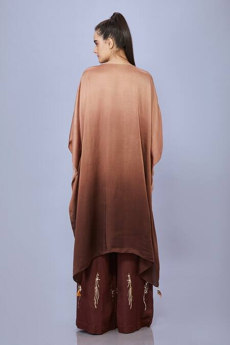 Shop Dilnaz Brown Blended Satin Hand Embroidered Floral Deep V Neck Kaftan at Aza Fashions Shop_Dilnaz_Brown Blended Satin Hand Embroidered Floral Deep V Neck Kaftan_at_Aza_Fashions