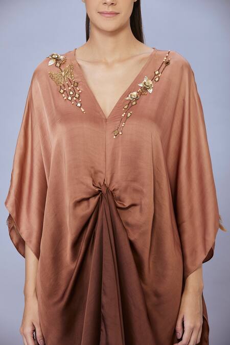 Dilnaz Brown Blended Satin Hand Embroidered Floral Deep V Neck Kaftan Online at Aza Fashions Dilnaz_Brown Blended Satin Hand Embroidered Floral Deep V Neck Kaftan_Online_at_Aza_Fashions