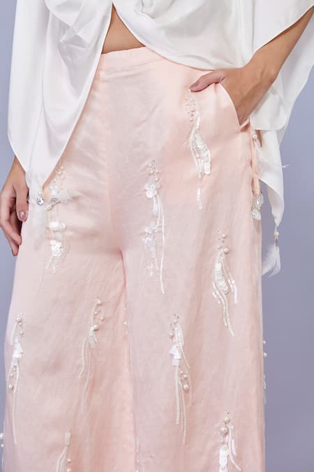 Dilnaz_Peach Blended Satin Linen Hand Embroidered Pearls Trouser_Online_at_Aza_Fashions