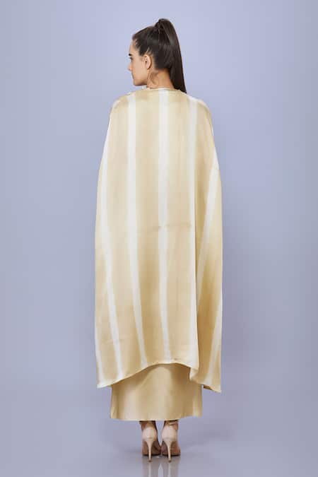 Shop_Dilnaz_Gold Blended Satin Hand Embroidered Pearls Cape Open Neck Draped Skirt Set_at_Aza_Fashions