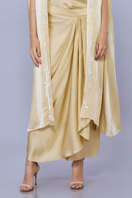 Dilnaz_Gold Blended Satin Hand Embroidered Pearls Cape Open Neck Draped Skirt Set_Online_at_Aza_Fashions