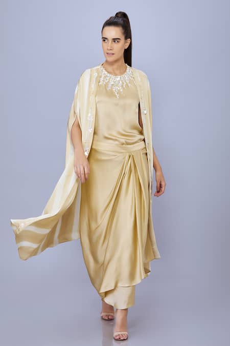 Buy_Dilnaz_Gold Blended Satin Hand Embroidered Pearls Cape Open Neck Draped Skirt Set_Online_at_Aza_Fashions