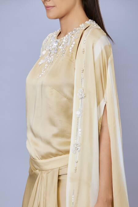 Shop_Dilnaz_Gold Blended Satin Hand Embroidered Pearls Cape Open Neck Draped Skirt Set_Online_at_Aza_Fashions