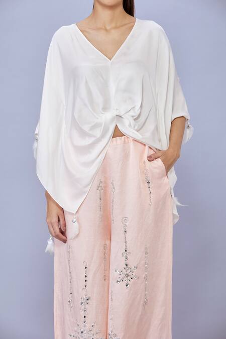 Dilnaz_Peach Blended Satin Embellished Jewel Snowflake Trouser_Online_at_Aza_Fashions