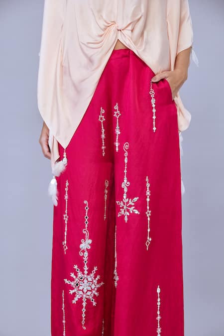 Dilnaz_Pink Blended Satin Embellished Jewel Trouser_Online_at_Aza_Fashions