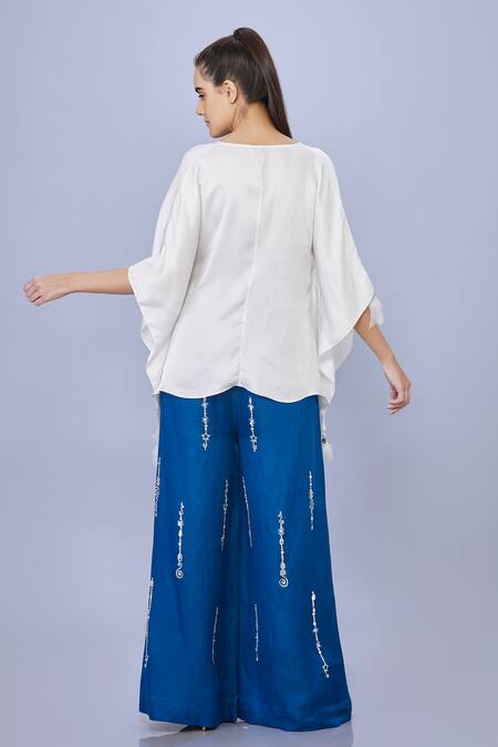 Shop Dilnaz Blue Blended Satin Embellished Jewel Snowflake Pattern Trouser at Aza Fashions Shop_Dilnaz_Blue Blended Satin Embellished Jewel Snowflake Pattern Trouser_at_Aza_Fashions