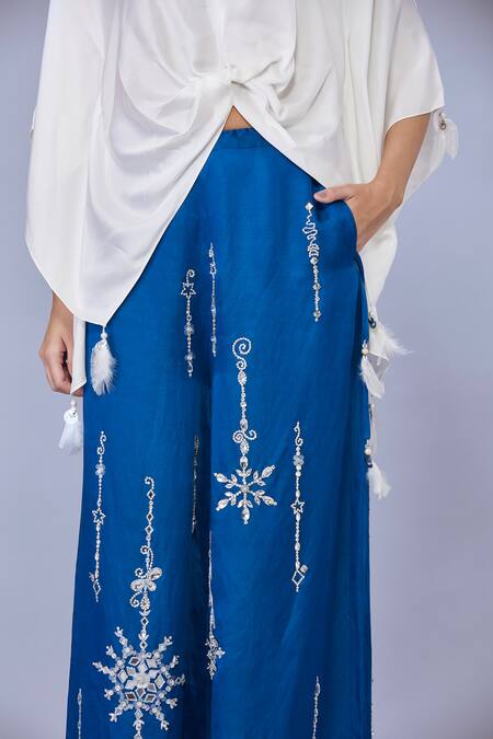 Dilnaz Blue Blended Satin Embellished Jewel Snowflake Pattern Trouser Online at Aza Fashions Dilnaz_Blue Blended Satin Embellished Jewel Snowflake Pattern Trouser_Online_at_Aza_Fashions