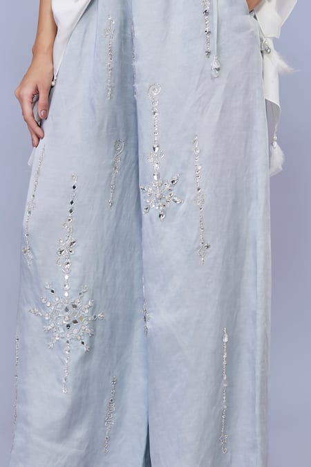Buy_Dilnaz_Grey Blended Satin Embellished Jewel Snowflake Crystal Trouser_Online_at_Aza_Fashions