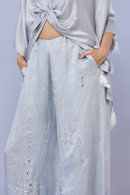 Shop_Dilnaz_Grey Blended Satin Embellished Jewel Snowflake Crystal Trouser_Online_at_Aza_Fashions