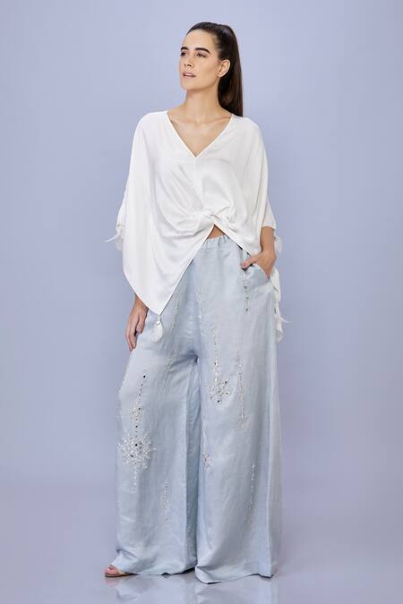 Dilnaz_Grey Blended Satin Embellished Jewel Snowflake Crystal Trouser_at_Aza_Fashions