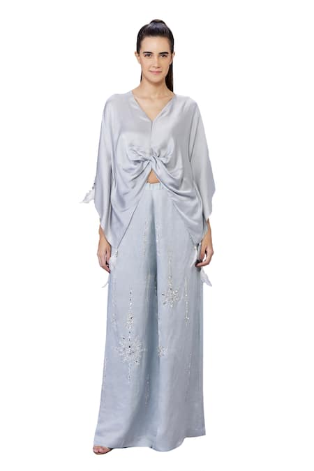 Buy_Dilnaz_Grey Blended Satin Embellished Jewel Snowflake Crystal Trouser