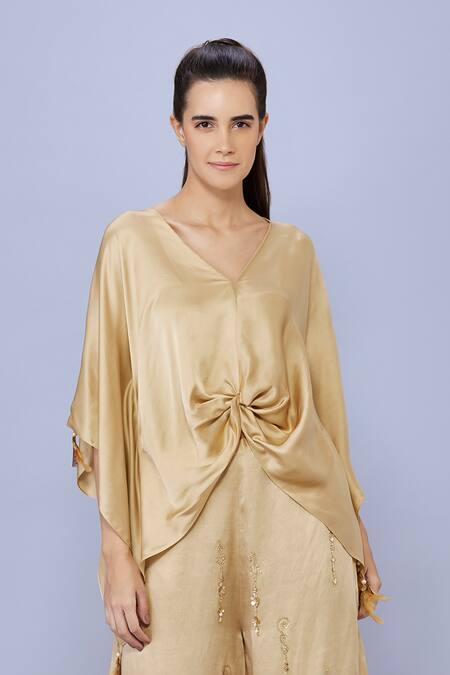Dilnaz_Gold Blended Satin Embellished Feather V-neck Tassel Short Kaftan_Online_at_Aza_Fashions