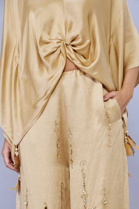 Buy_Dilnaz_Gold Blended Satin Embellished Feather V-neck Tassel Short Kaftan_Online_at_Aza_Fashions
