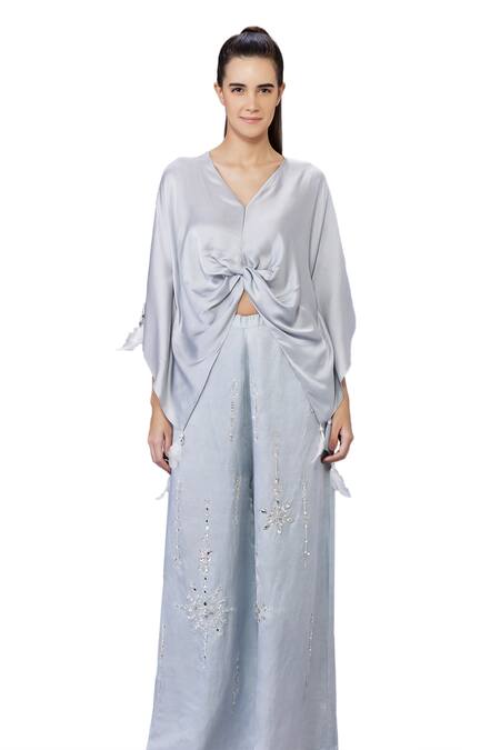 Dilnaz_Grey Blended Satin Embellished Feather V-neck Tasselled Asymmetric Short Kaftan_Online_at_Aza_Fashions