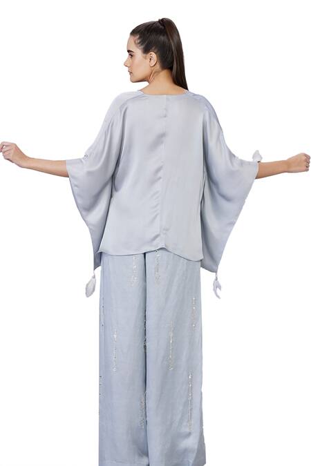 Buy_Dilnaz_Grey Blended Satin Embellished Feather V-neck Tasselled Asymmetric Short Kaftan_Online_at_Aza_Fashions