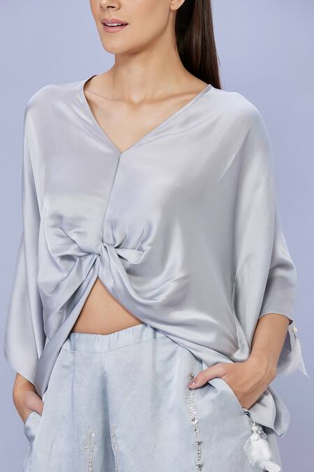 Shop_Dilnaz_Grey Blended Satin Embellished Feather V-neck Tasselled Asymmetric Short Kaftan_Online_at_Aza_Fashions