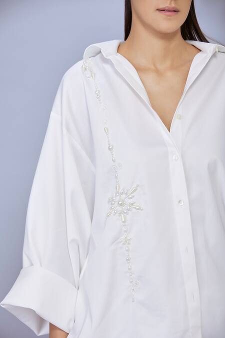 Dilnaz_White Cotton Embellished Pearl Stand Collar Snowflake Shirt_Online_at_Aza_Fashions