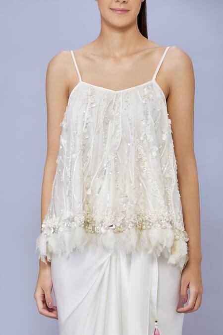 Dilnaz_Ivory Net Embellished Pearl V-neck Bead Strappy Cami Top_Online_at_Aza_Fashions