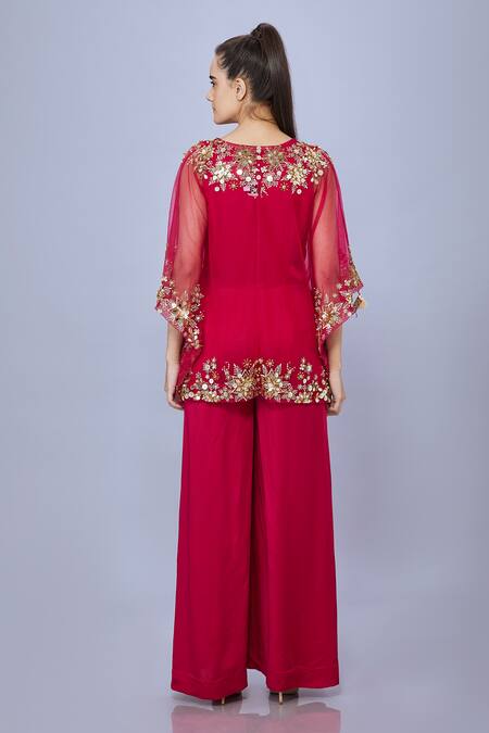 DILNAZ Red Net Embellished Bead Kaftan Plunge V-neck Sheer With Jumpsuit  2