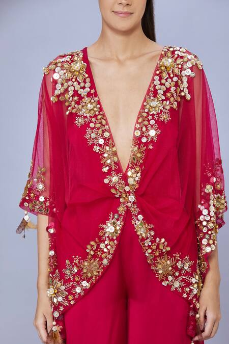 DILNAZ Red Net Embellished Bead Kaftan Plunge V-neck Sheer With Jumpsuit  3