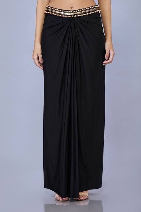 Dilnaz_Black Lycra Embellished Bead Crystal Draped Skirt_Online_at_Aza_Fashions