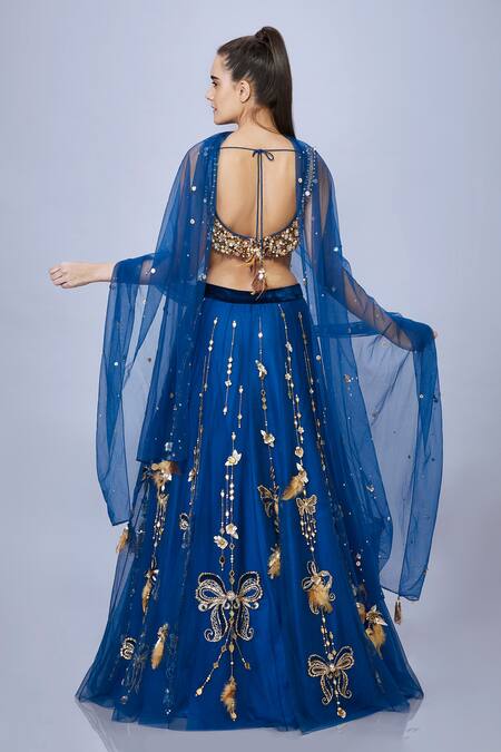 Shop_Dilnaz_Blue Net, Polyester Beads, Feathers, Sequins Butterfly 3-d Embellished Lehenga_at_Aza_Fashions