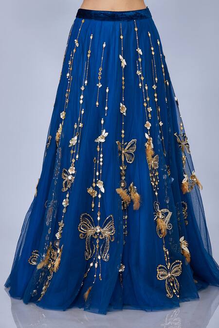Dilnaz_Blue Net, Polyester Beads, Feathers, Sequins Butterfly 3-d Embellished Lehenga_Online_at_Aza_Fashions