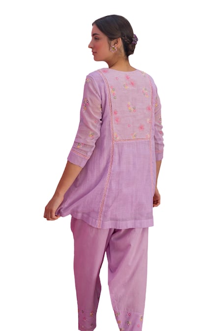 Buy_Nimbu Mirchi_Purple Cotton, Kota Doria Bloom Yoke Gathered Short Kurta With Salwar _Online_at_Aza_Fashions