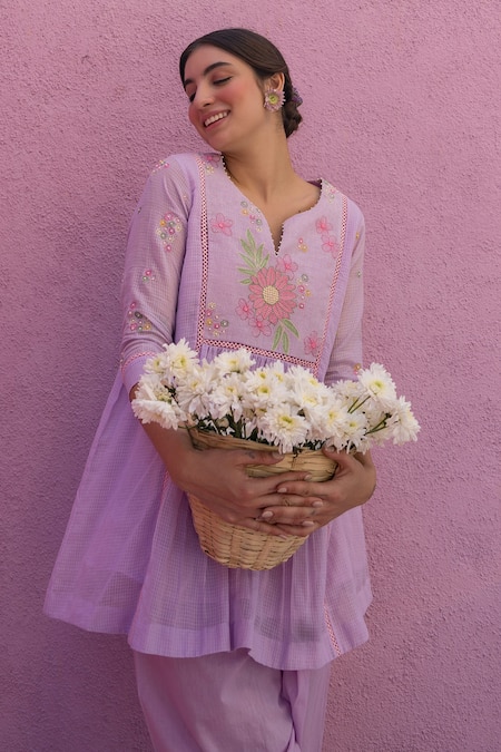 Shop_Nimbu Mirchi_Purple Cotton, Kota Doria Bloom Yoke Gathered Short Kurta With Salwar _Online_at_Aza_Fashions