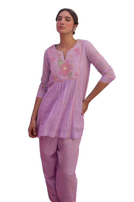 Shop_Nimbu Mirchi_Purple Cotton, Kota Doria Bloom Yoke Gathered Short Kurta With Salwar 