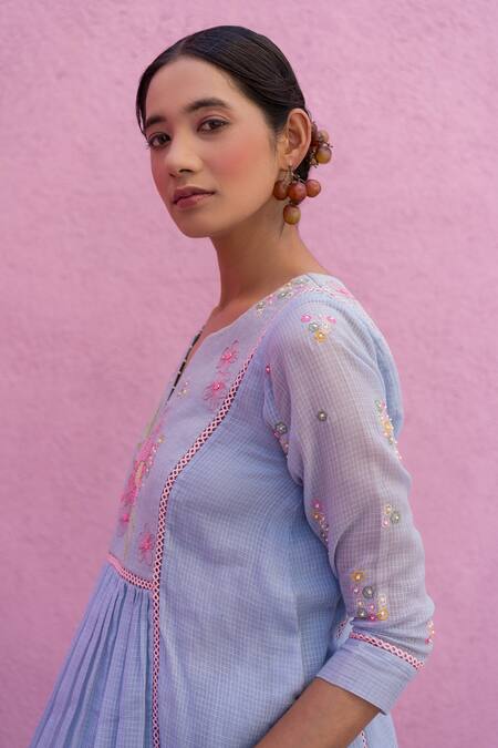 Buy_Nimbu Mirchi_Blue Cotton, Kota Doria Embroidery Bloom Yoke Gathered Short Kurta With Salwar _Online_at_Aza_Fashions